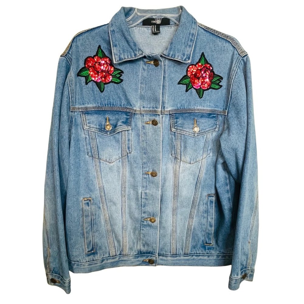 F21 Rose Sequin Blue Denim Jean Jacket Size Medium
